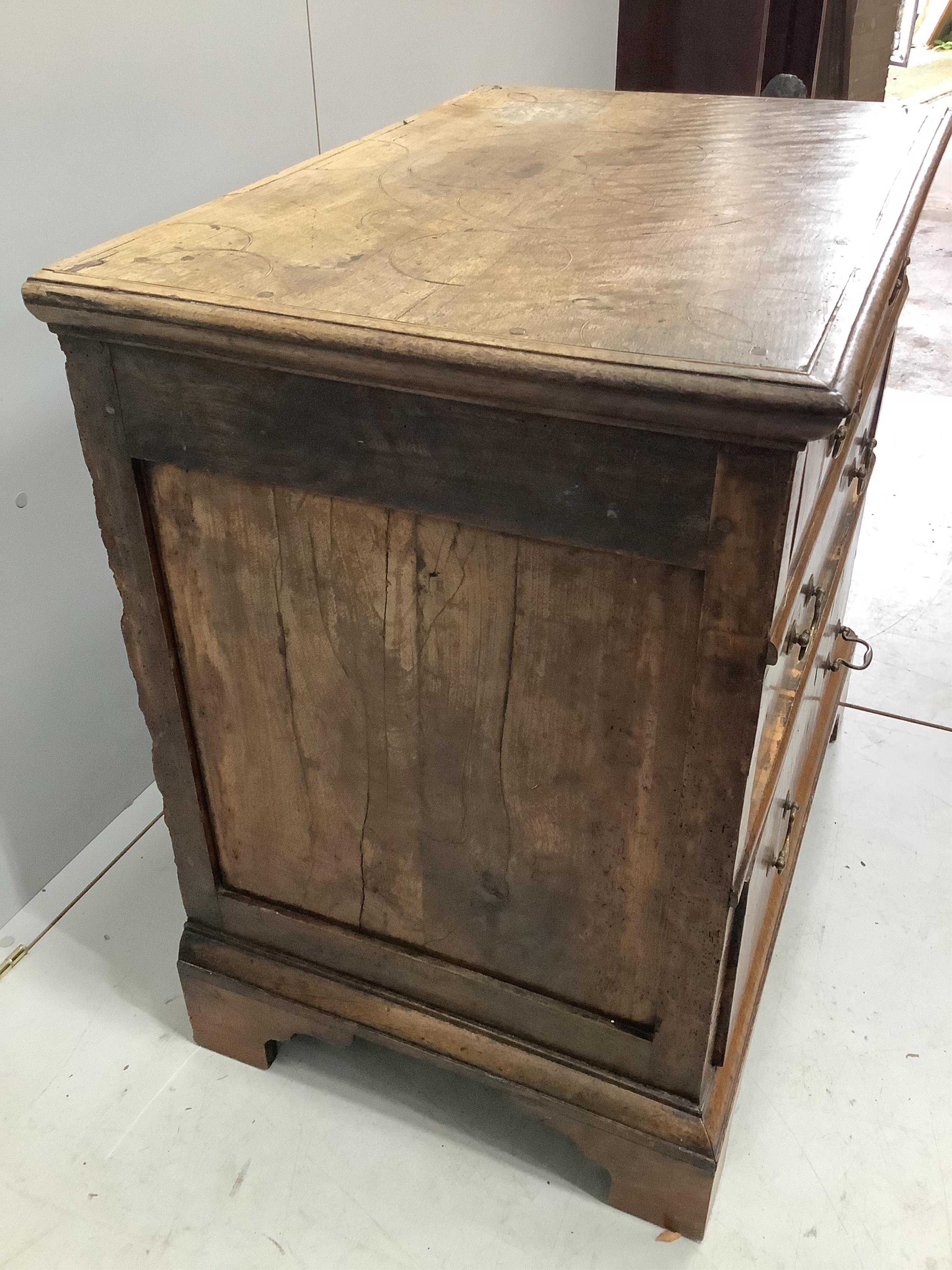 A small 18th century inlaid walnut and boxwood strung chest of drawers, alterations, width 81cm, depth 53cm, height 79cm. Condition - poor